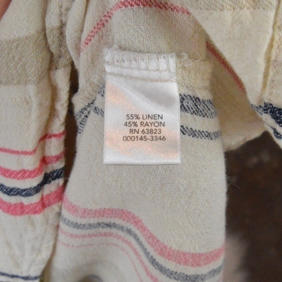 Linen Blend Short Tie Sleeve Pullover V-Neck Striped Blouse, Size Petite Small - Picture 3 of 7